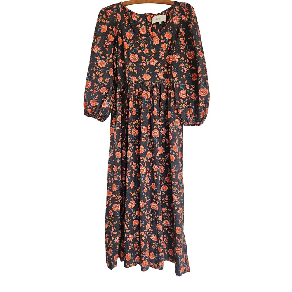 The‎ GREAT. Floral Midi Dress Puff Sleeve Empire Waist Black Orange Size 0